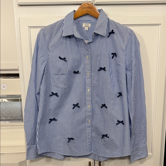 J. Crew Tops - J. Crew Blue and White Striped Shirt with Navy Satin Bow Accents Size Large